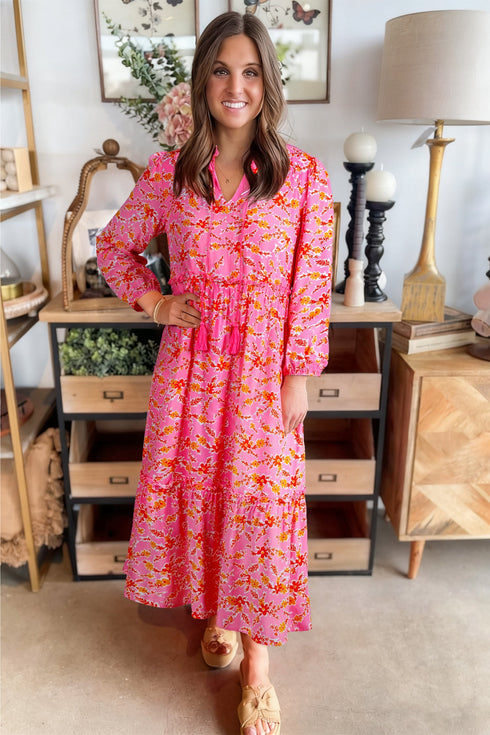Bohemian Floral Print Tassel Tied Long Sleeve Maxi Dress