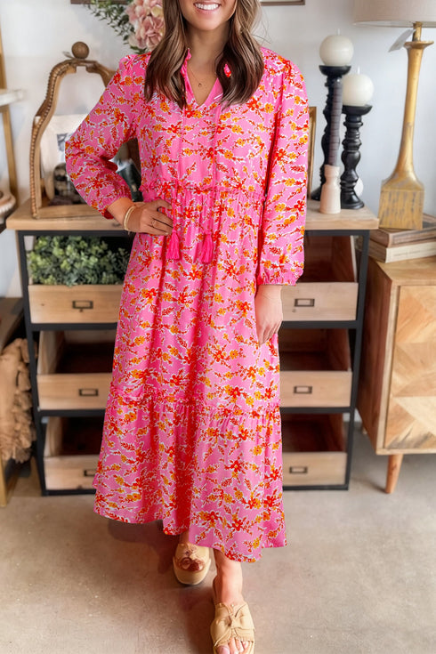 Bohemian Floral Print Tassel Tied Long Sleeve Maxi Dress