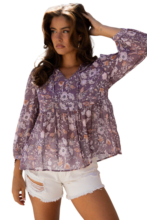 Bohemian Floral Print Three Quarter Sleeve Babydoll Blouse