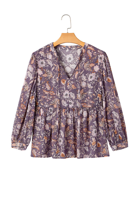 Bohemian Floral Print Three Quarter Sleeve Babydoll Blouse