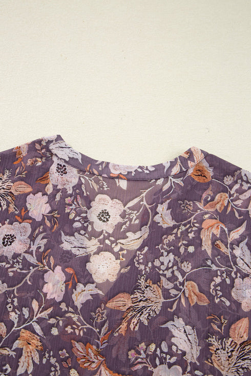 Bohemian Floral Print Three Quarter Sleeve Babydoll Blouse