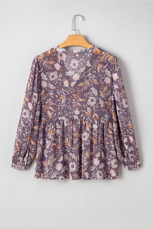 Bohemian Floral Print Three Quarter Sleeve Babydoll Blouse