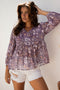 Bohemian Floral Print Three Quarter Sleeve Babydoll Blouse