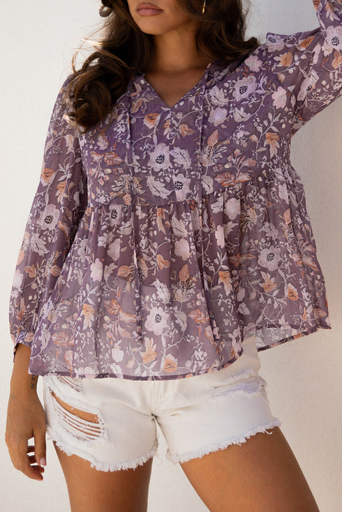 Bohemian Floral Print Three Quarter Sleeve Babydoll Blouse
