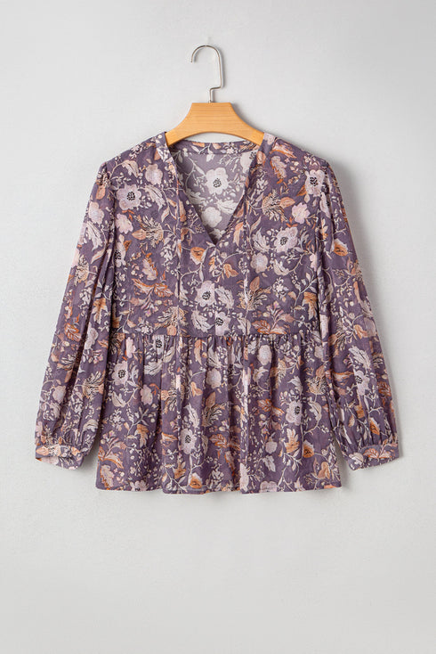 Bohemian Floral Print Three Quarter Sleeve Babydoll Blouse