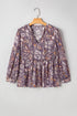 Bohemian Floral Print Three Quarter Sleeve Babydoll Blouse