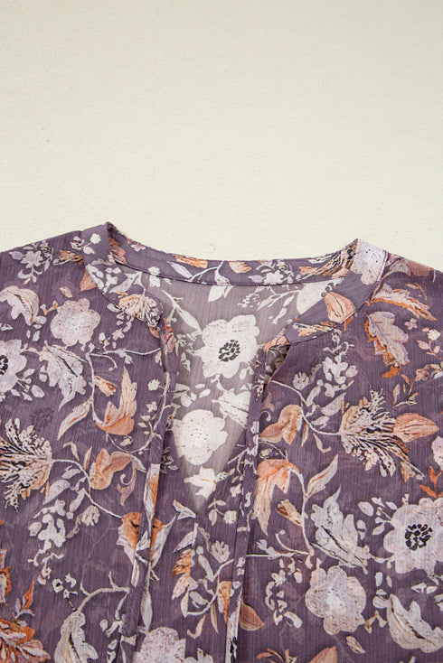 Bohemian Floral Print Three Quarter Sleeve Babydoll Blouse
