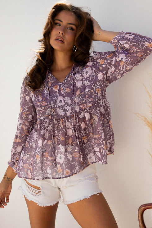Bohemian Floral Print Three Quarter Sleeve Babydoll Blouse