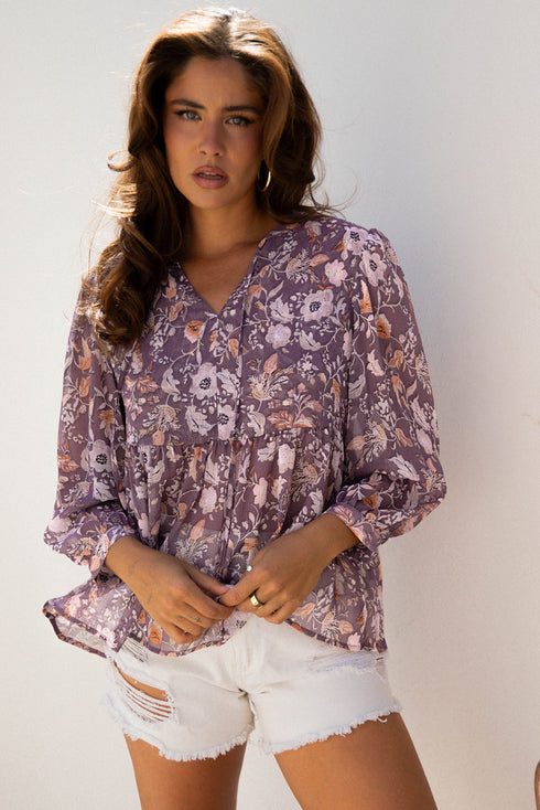 Bohemian Floral Print Three Quarter Sleeve Babydoll Blouse
