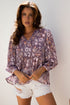 Bohemian Floral Print Three Quarter Sleeve Babydoll Blouse