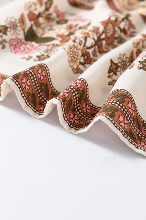 Bohemian Floral Print Tie Neck Lantern Sleeve Blouse