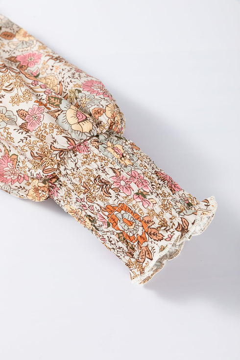 Bohemian Floral Print Tie Neck Lantern Sleeve Blouse