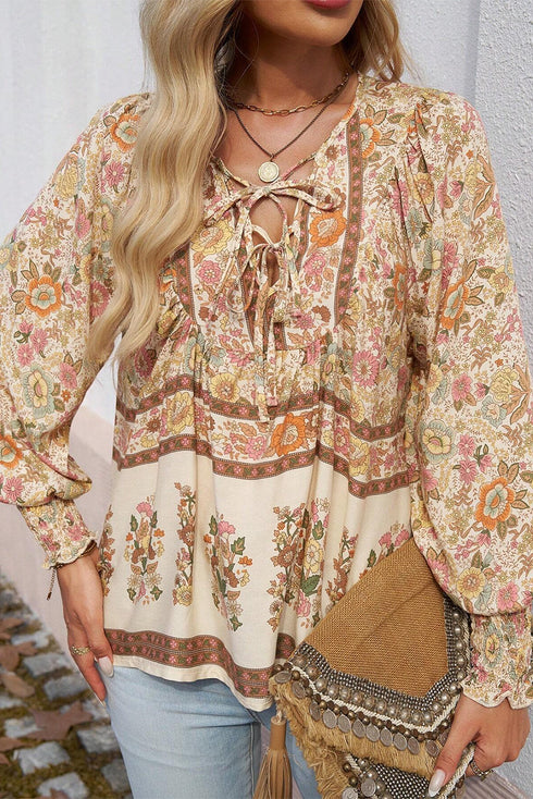 Bohemian Floral Print Tie Neck Lantern Sleeve Blouse
