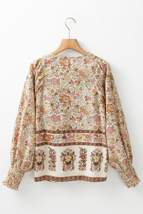 Bohemian Floral Print Tie Neck Lantern Sleeve Blouse