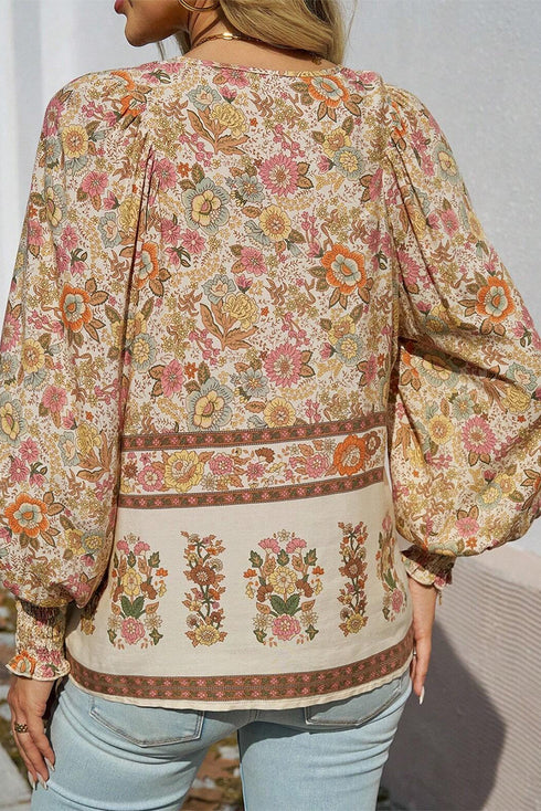 Bohemian Floral Print Tie Neck Lantern Sleeve Blouse