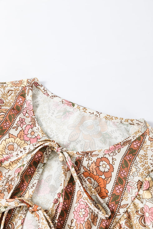 Bohemian Floral Print Tie Neck Lantern Sleeve Blouse