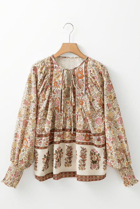 Bohemian Floral Print Tie Neck Lantern Sleeve Blouse