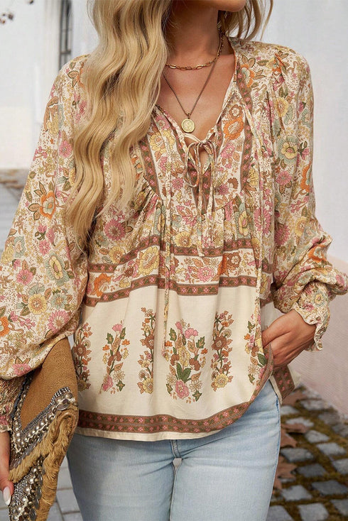 Bohemian Floral Print Tie Neck Lantern Sleeve Blouse