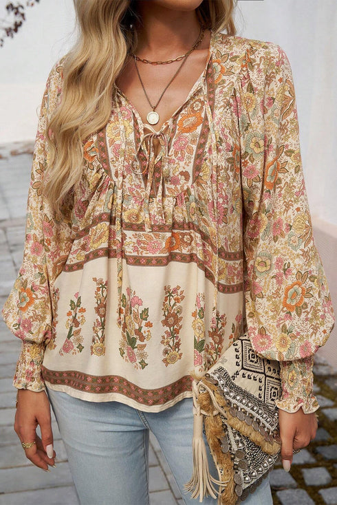 Bohemian Floral Print Tie Neck Lantern Sleeve Blouse
