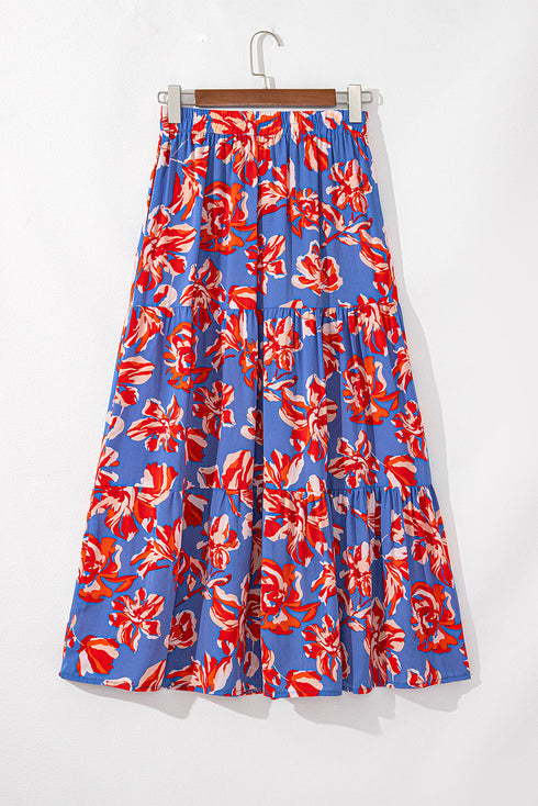 Bohemian Floral Print Tiered Split Maxi Skirt