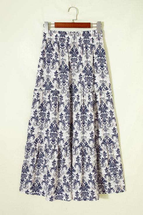 Bohemian Floral Print Tiered Split Maxi Skirt