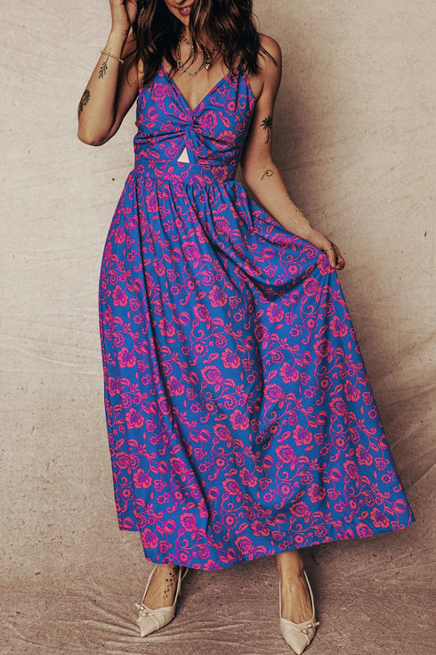 Bohemian Floral Print Twisted V Neck Backless Maxi Dress