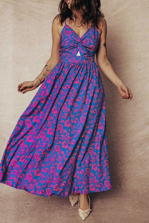 Bohemian Floral Print Twisted V Neck Backless Maxi Dress
