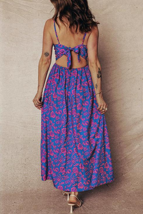 Bohemian Floral Print Twisted V Neck Backless Maxi Dress