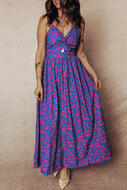 Bohemian Floral Print Twisted V Neck Backless Maxi Dress