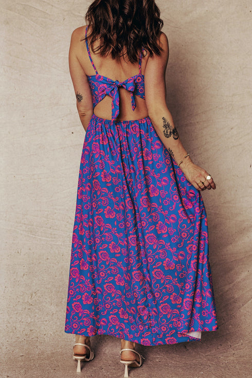 Bohemian Floral Print Twisted V Neck Backless Maxi Dress