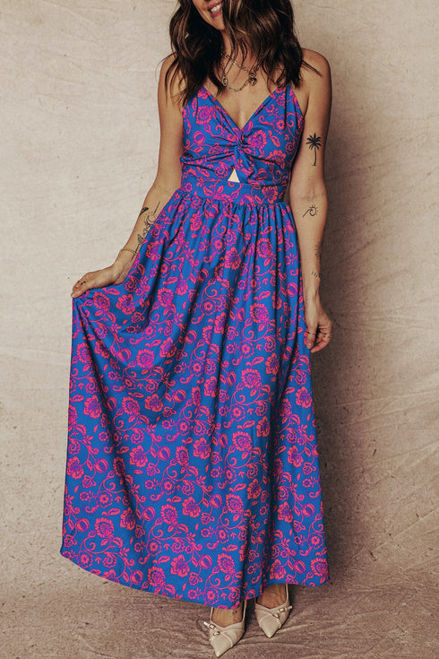 Bohemian Floral Print Twisted V Neck Backless Maxi Dress