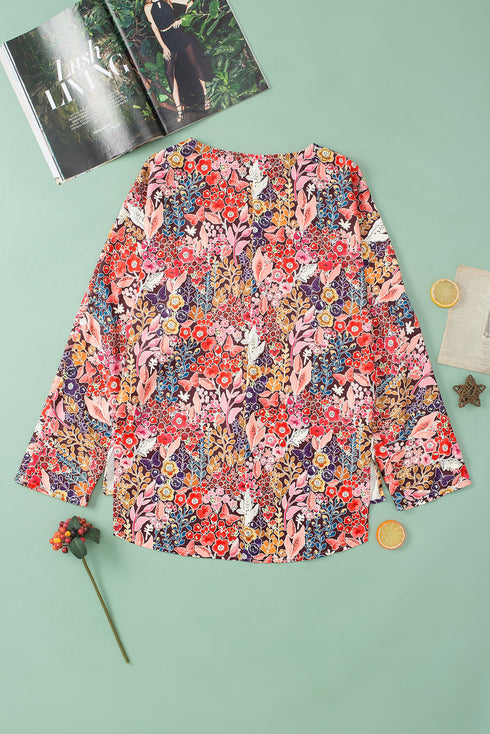 Bohemian Floral Print V Neck Long Sleeve Blouse