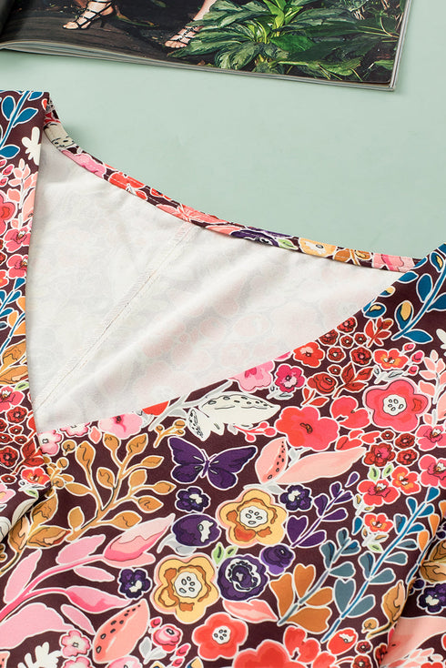 Bohemian Floral Print V Neck Long Sleeve Blouse