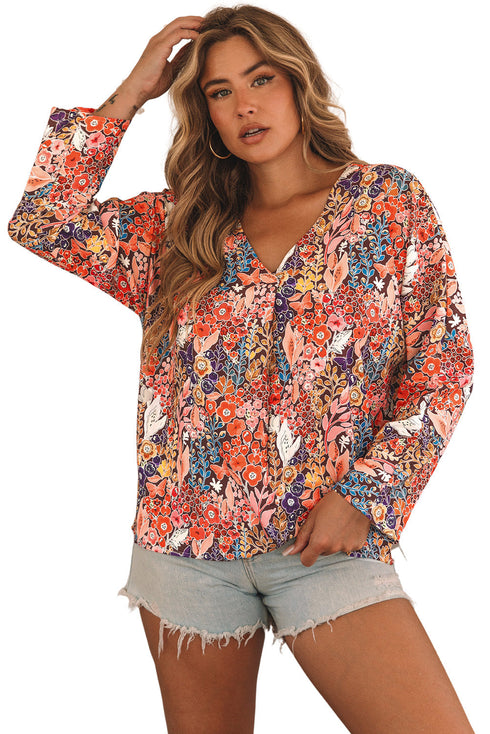 Bohemian Floral Print V Neck Long Sleeve Blouse