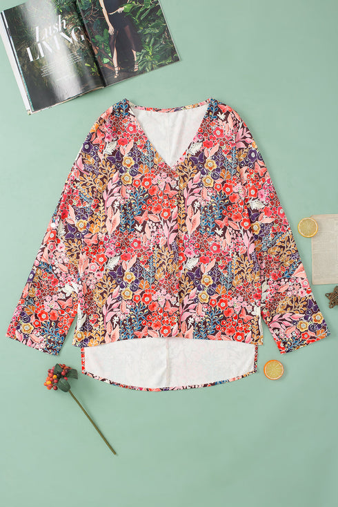 Bohemian Floral Print V Neck Long Sleeve Blouse