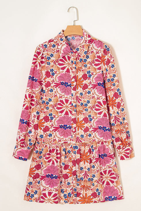 Bohemian Floral Print V Neck Long Sleeve Mini Dress