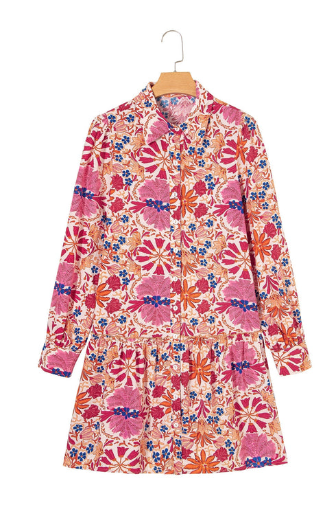 Bohemian Floral Print V Neck Long Sleeve Mini Dress