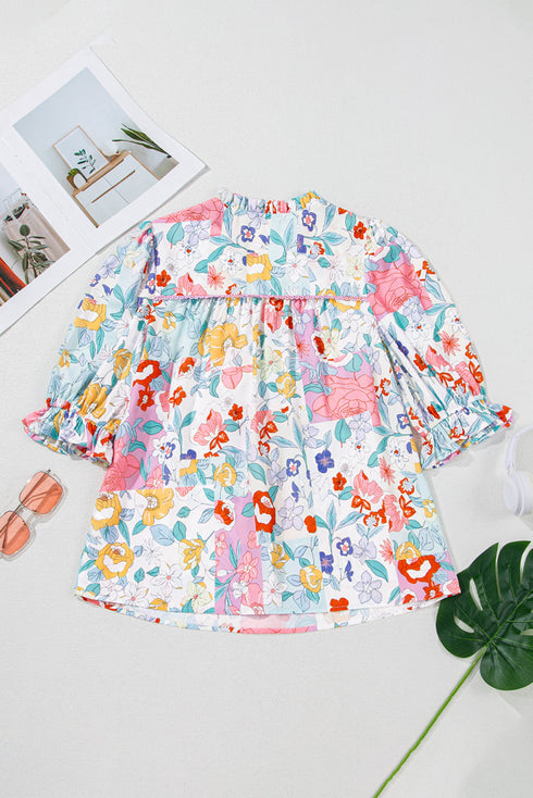 Bohemian Floral Print V Neck Puff Sleeve Woven Blouse