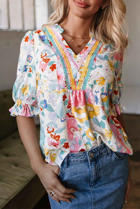 Bohemian Floral Print V Neck Puff Sleeve Woven Blouse