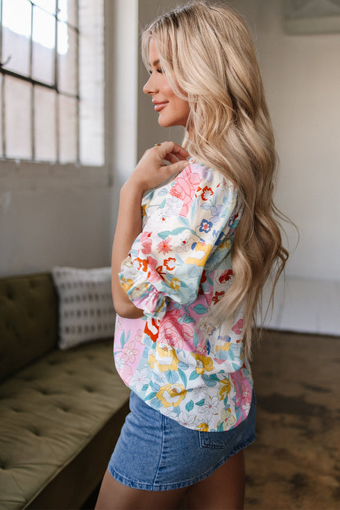 Bohemian Floral Print V Neck Puff Sleeve Woven Blouse