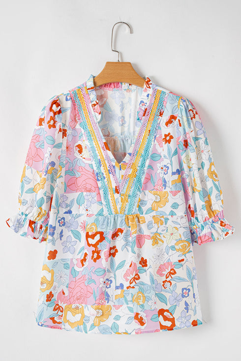 Bohemian Floral Print V Neck Puff Sleeve Woven Blouse