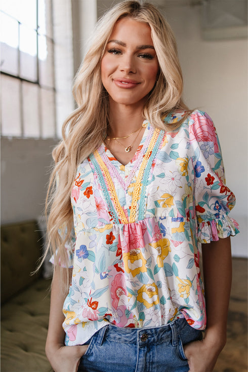 Bohemian Floral Print V Neck Puff Sleeve Woven Blouse