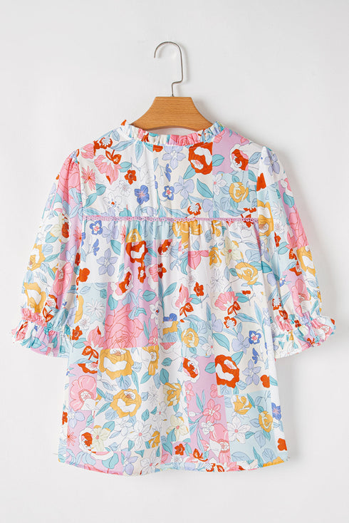 Bohemian Floral Print V Neck Puff Sleeve Woven Blouse
