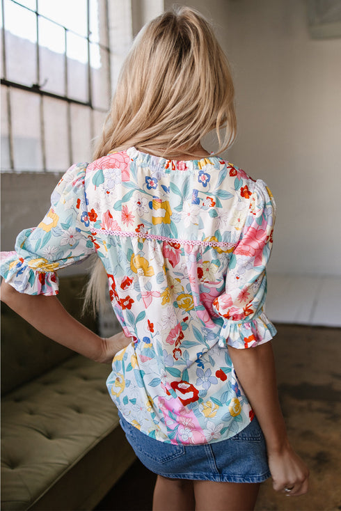 Bohemian Floral Print V Neck Puff Sleeve Woven Blouse