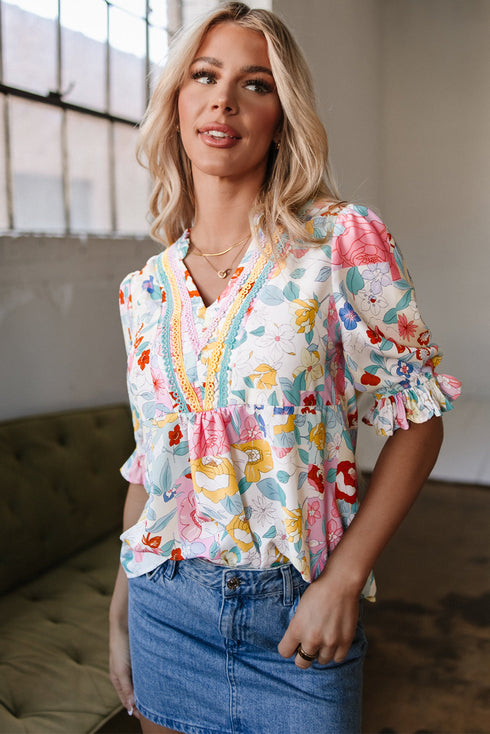 Bohemian Floral Print V Neck Puff Sleeve Woven Blouse