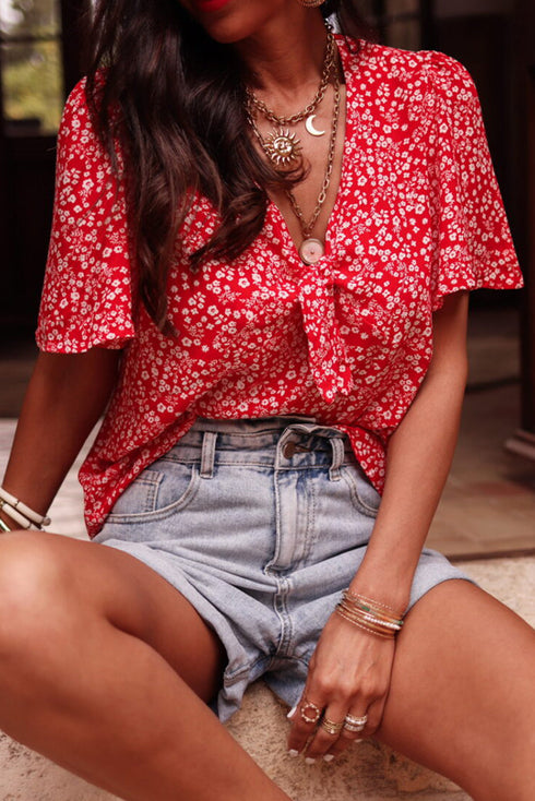 Bohemian Floral Printed V Neck Half Sleeve Knotted Blouse Top