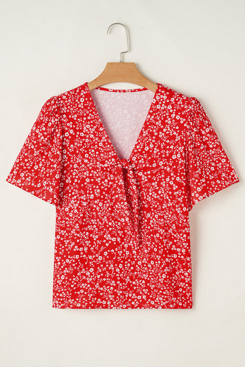 Bohemian Floral Printed V Neck Half Sleeve Knotted Blouse Top