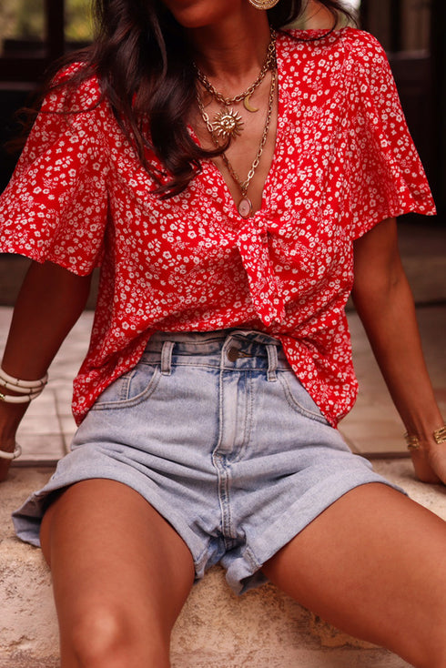 Bohemian Floral Printed V Neck Half Sleeve Knotted Blouse Top