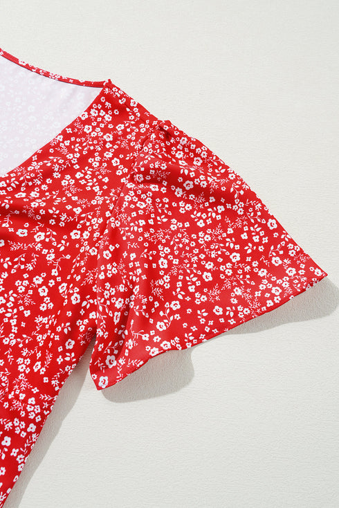 Bohemian Floral Printed V Neck Half Sleeve Knotted Blouse Top