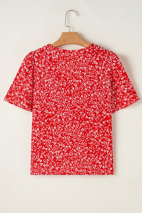 Bohemian Floral Printed V Neck Half Sleeve Knotted Blouse Top